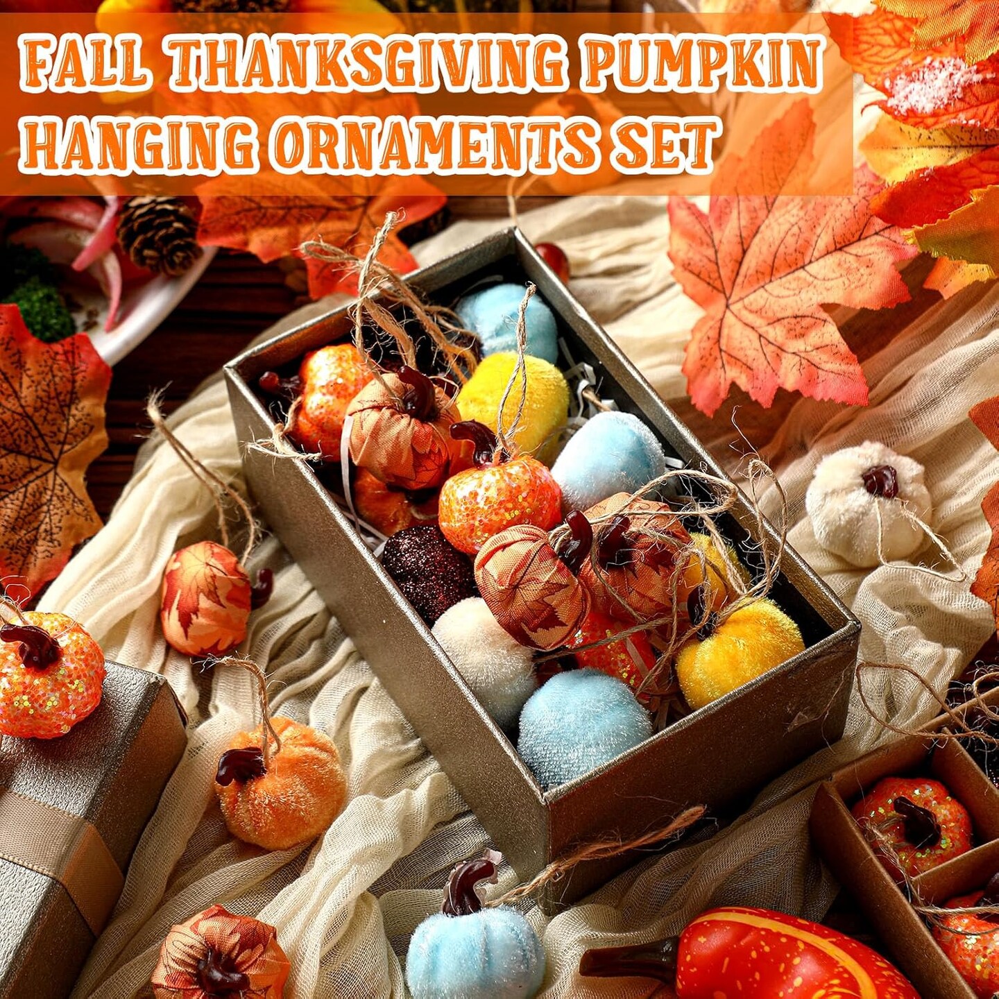 49 Pcs Fall Pumpkin Ornament Autumn Hanging Mini Pumpkin Shaped Tree Decorations Thanksgiving Fabric Harvest Pumpkin Ornament Ball for Party Farmhouse Halloween Christmas(Vibrant)