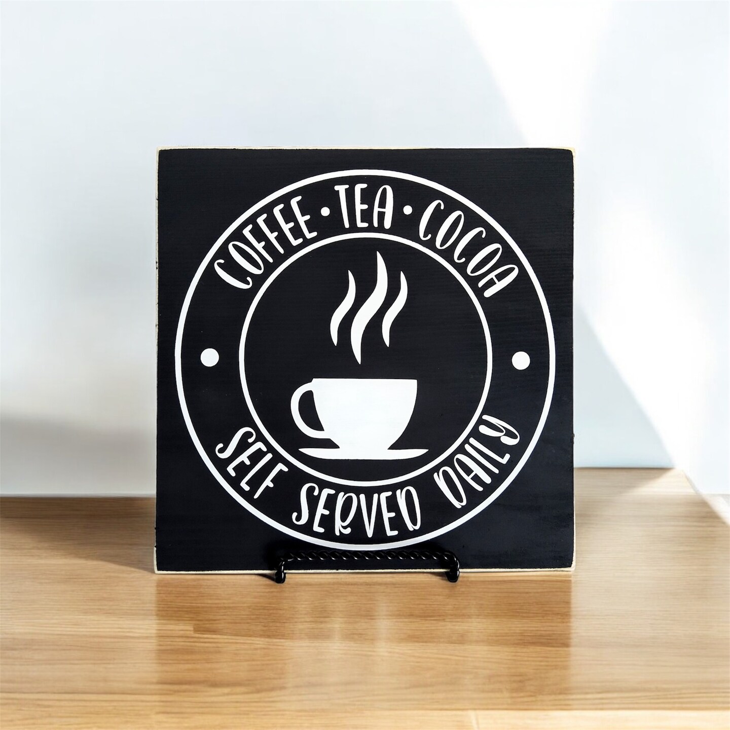 Coffee Tea Cocoa wood sign for kitchen decor 7x7 inches, Black and