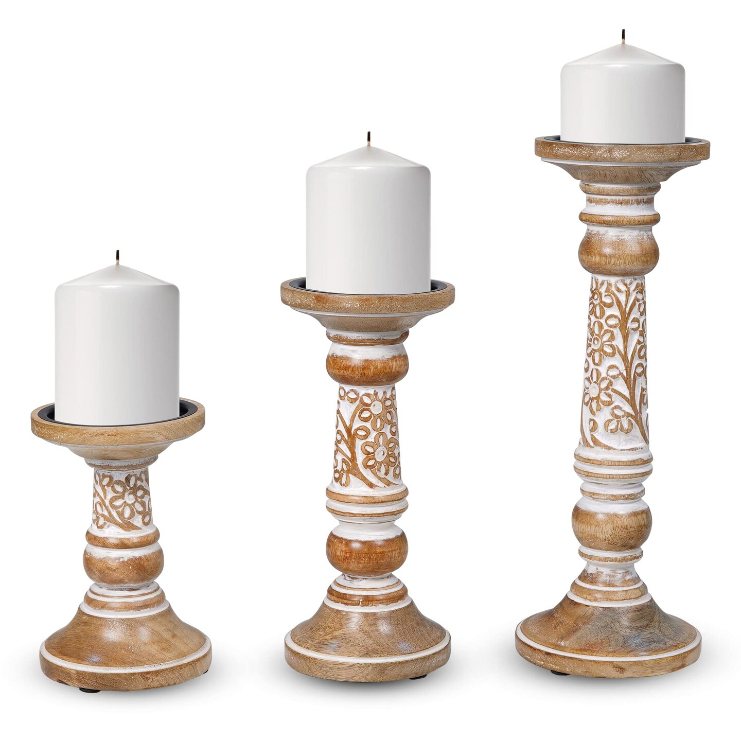 Rustic White Hand-Carved Mango Wood Pillar Candle Holders Set of 3 - 6 ...