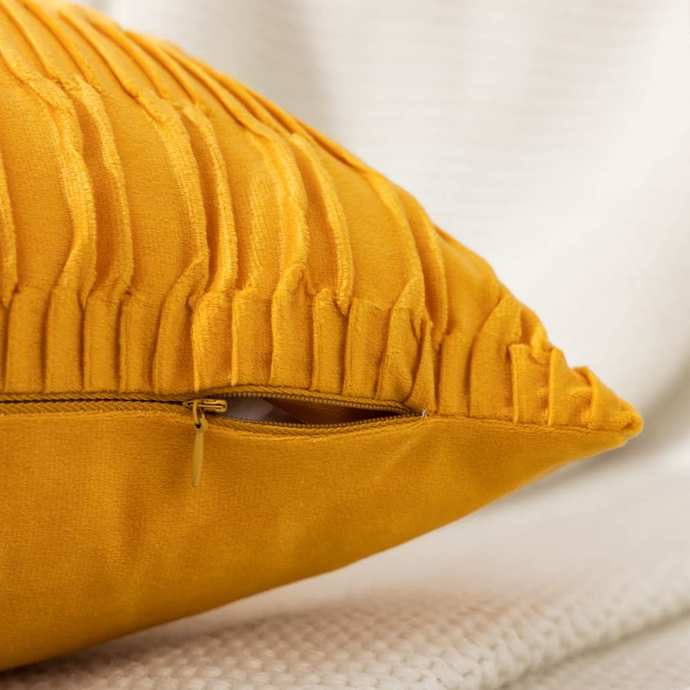 2 Pieces Fall Throw Pillow Cases,  Striped Yellow Cushion Cases Velvet Pillow Covers for Farmhouse Home Decor, 16x16 Inch