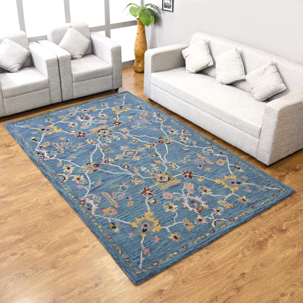 Hand Tufted Wool Area Rug 10X13 Light Blue Floral Eco-Friendly K00400