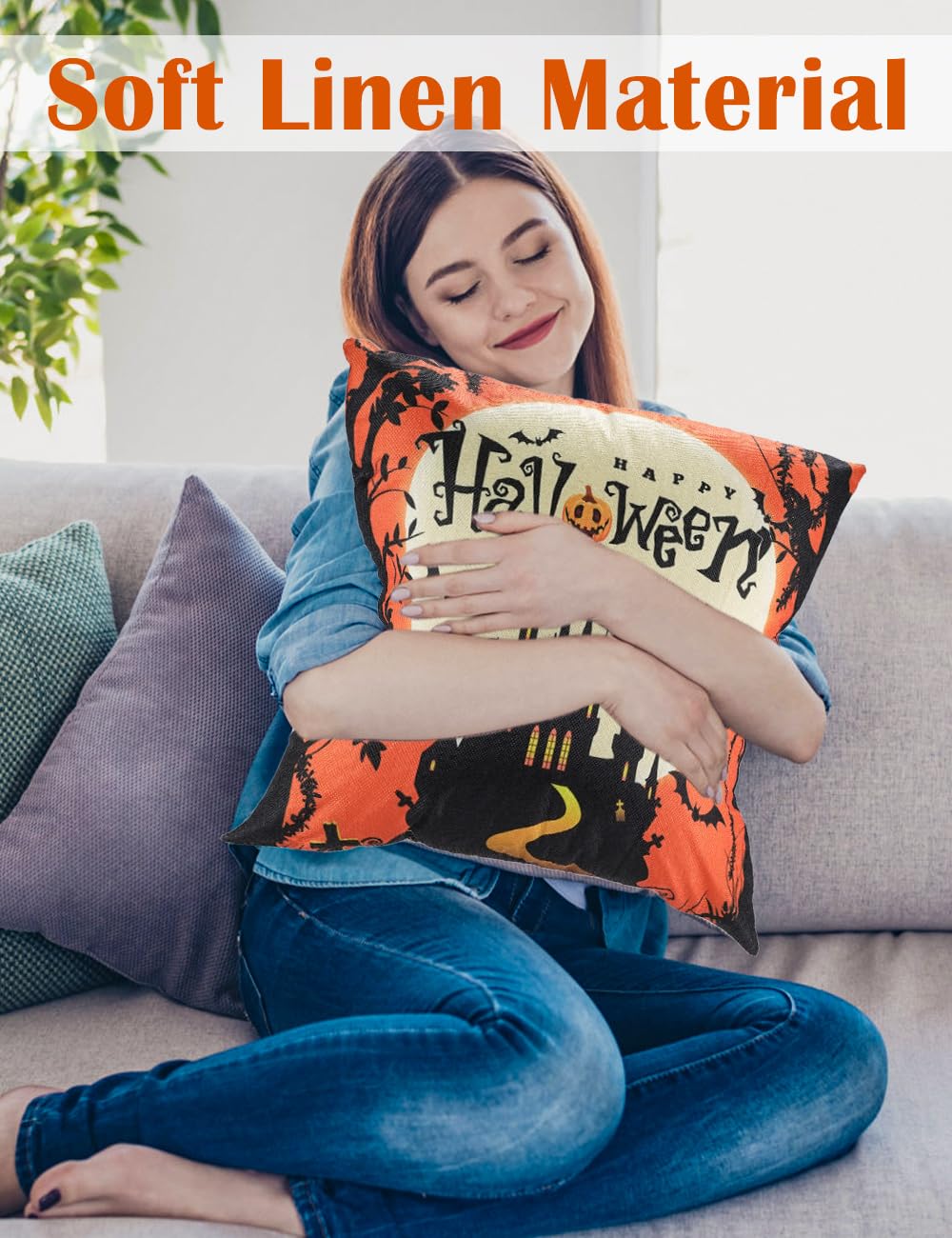 4 Pieces Halloween Decorations  Double-Sided Print Pillow Covers 18&#x22; x 18&#x22;, with 8 Cute Halloween Decor Patterns, Elegant Invisible Zipper, Soft Linen Throw Pillow Covers for Outdoor &#x26; Indoor Use