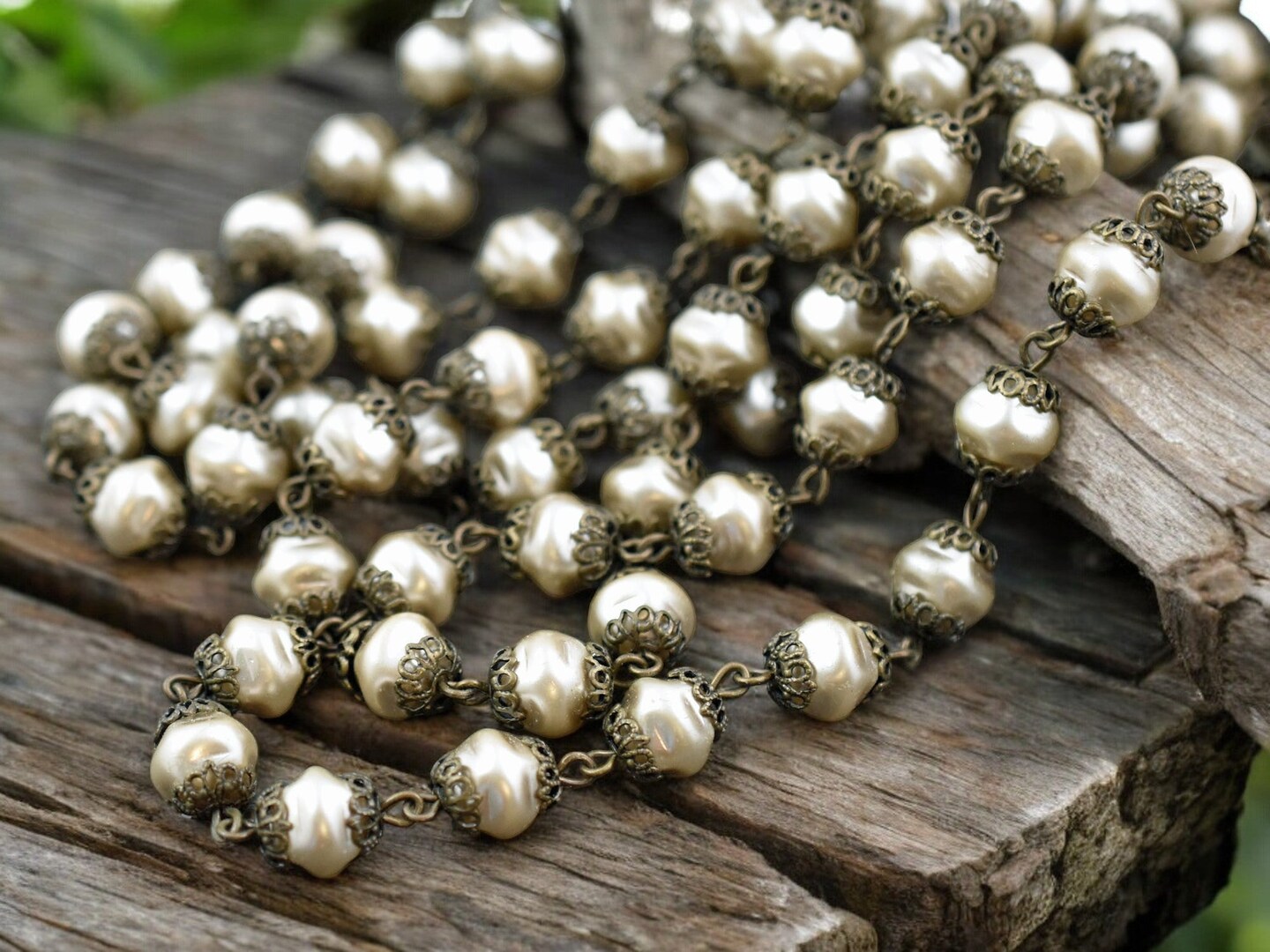 8mm Czech Glass Lt Coffee Baroque Pearl Chain with Antique Bronze Caps --  Sold by the foot