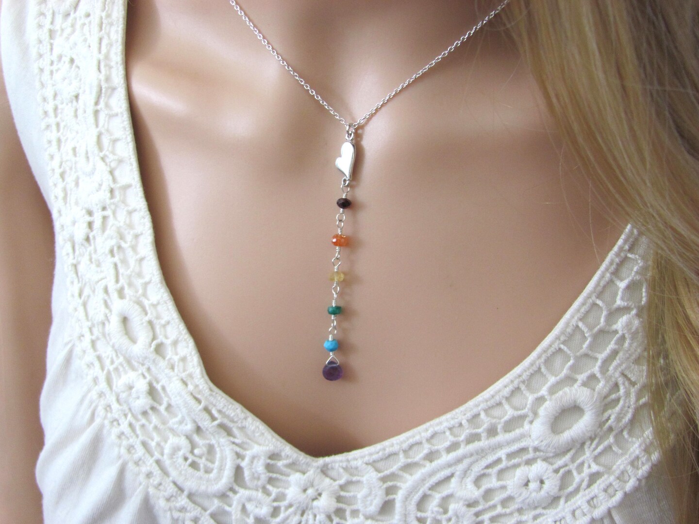 Rainbow Gemstone Pride Necklace With Heart Charm - 925 Sterling Silver