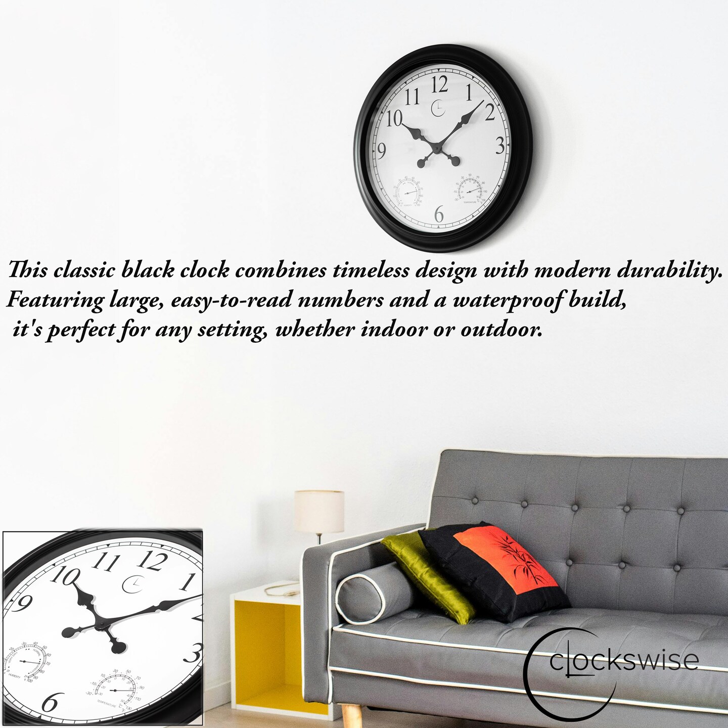 Large Outdoor Wall Clock Thermometer Combo, Waterproof Hygrometer Silent Battery Operated Clocks Timepiece Garden Weather Master Station for Home Indoor or Patio Pool Photography Props Black