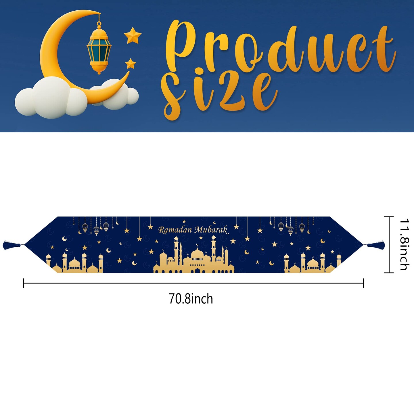 2 Pieces Eid Mubarak Table Runner -12 x71 Table Runner Eid Mubarak Decorations with Tassels -Table Runner Dresser Scarves for Table Dinner Holiday Party(Eid Mubarak Table Runner, 2)