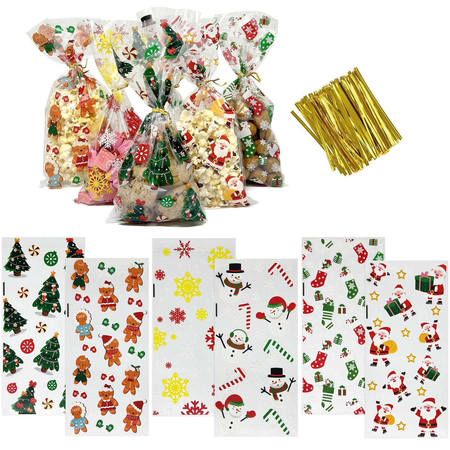 Wrapables Christmas Cellophane Treat Bags With Twist Ties for Candy, Cookies, Treats, Gifts and Party Favors (100pcs), Happy Holidays