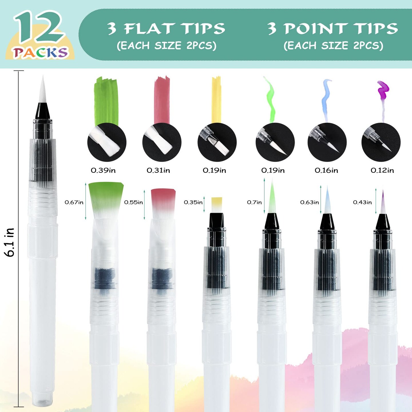 12 Pieces Watercolor Brush Pens, Premium Water Brush Pen Leakproof with Assorted Tips, Water Brush Pens for Watercolor, Refillable Watercolor Pens, Watercolor Paint Pens, Arts Value Set