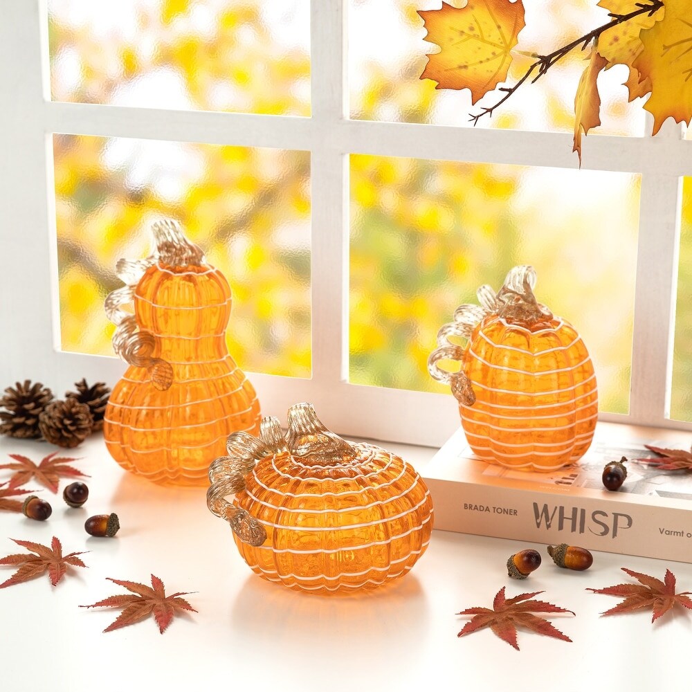 S/3 Orange/White Lines Glass Fall &#x26; Thanksgiving Pumpkin &#x26; Gourd