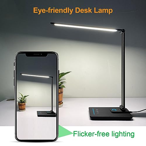 LED Desk Lamp, Eye-Friendly Dimmable Desk Light, 5 Light Colors, 6 Brightness Levels, Touch Control Table Lamp with USB Charging Port, Night Light, Auto Timer, for Dorm, Home, Office(Black)