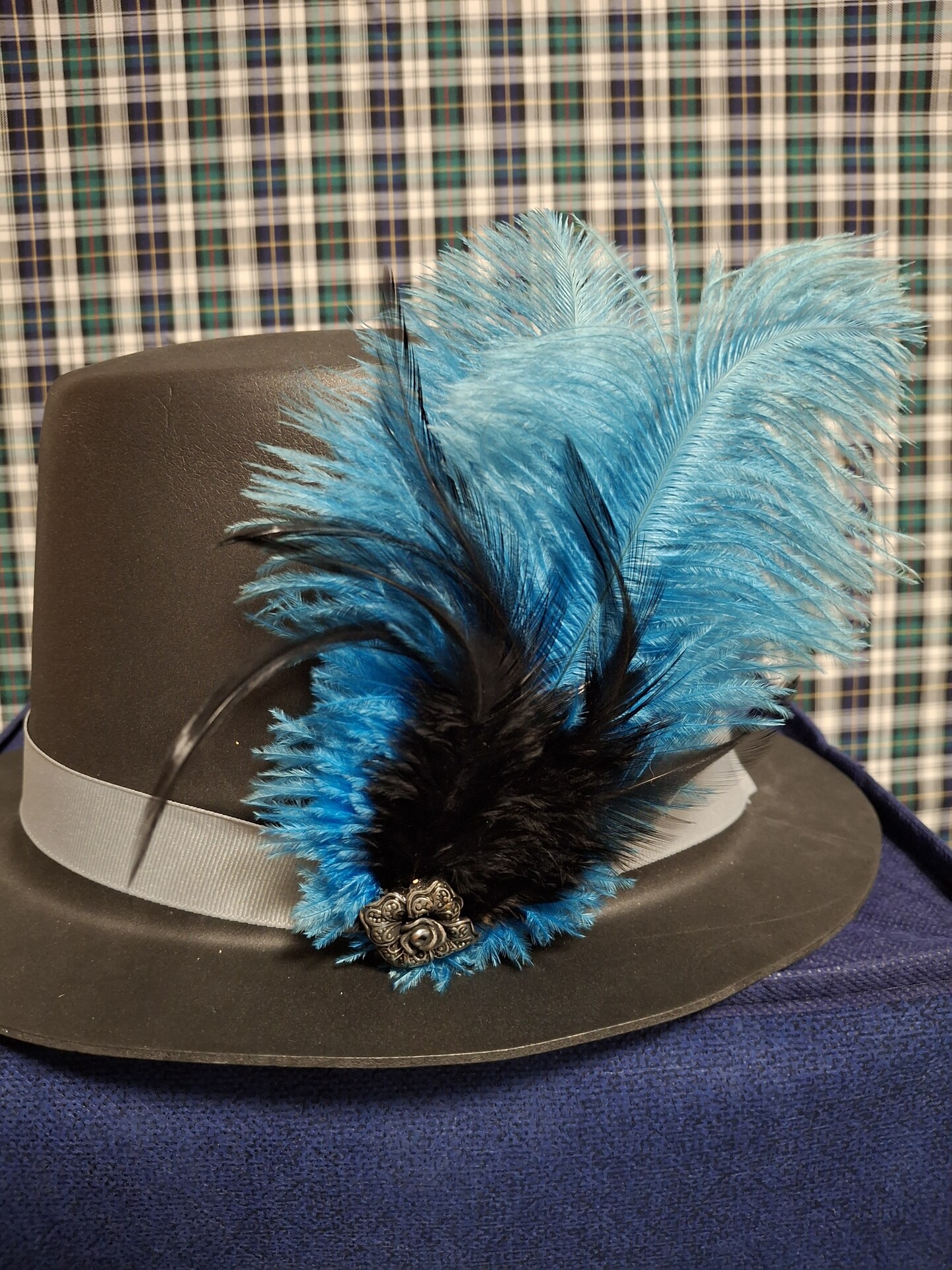 Turquoise Ostrich Feather Hat Pin Hair Clip with Black Feathers