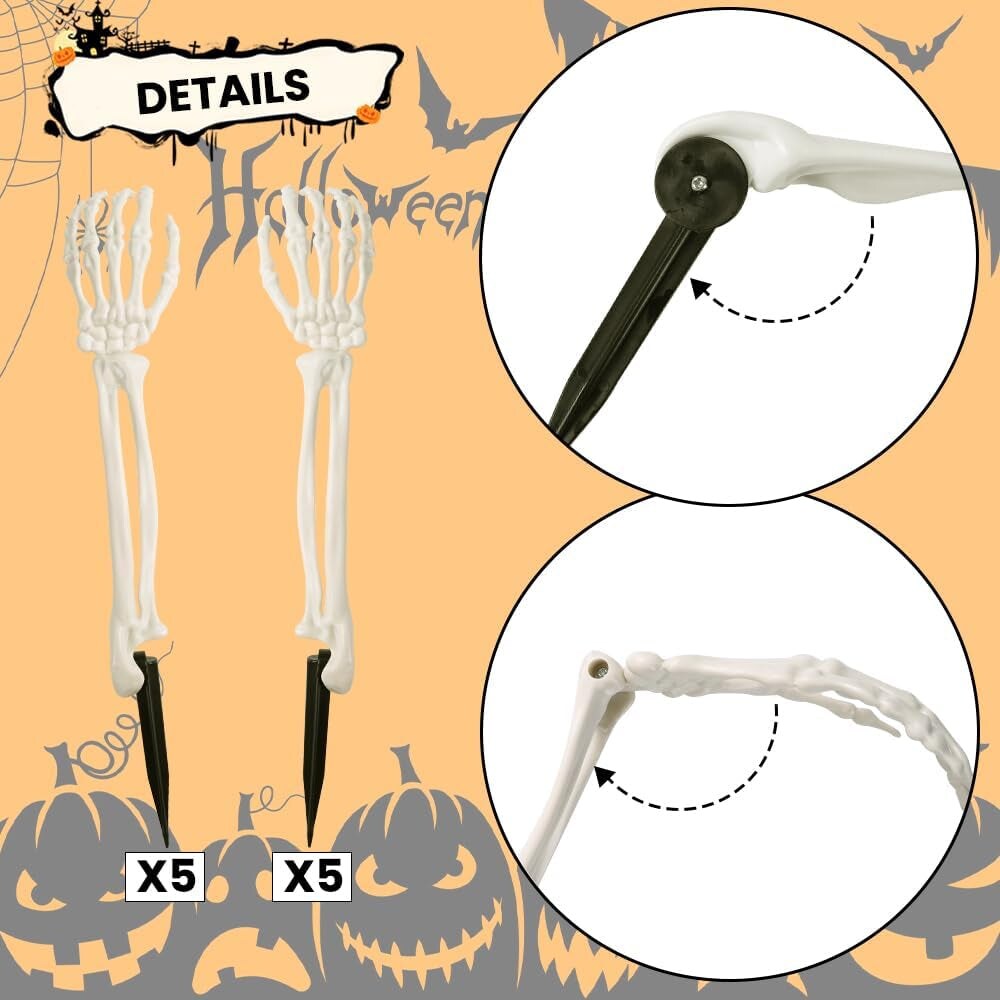 10 PCS Halloween Skeleton Decorations White Realistic Skeleton Stakes for Garden Lawn Graveyard Decor Skeleton Arm Yard Sign for Outdoor Indoor Party Supply