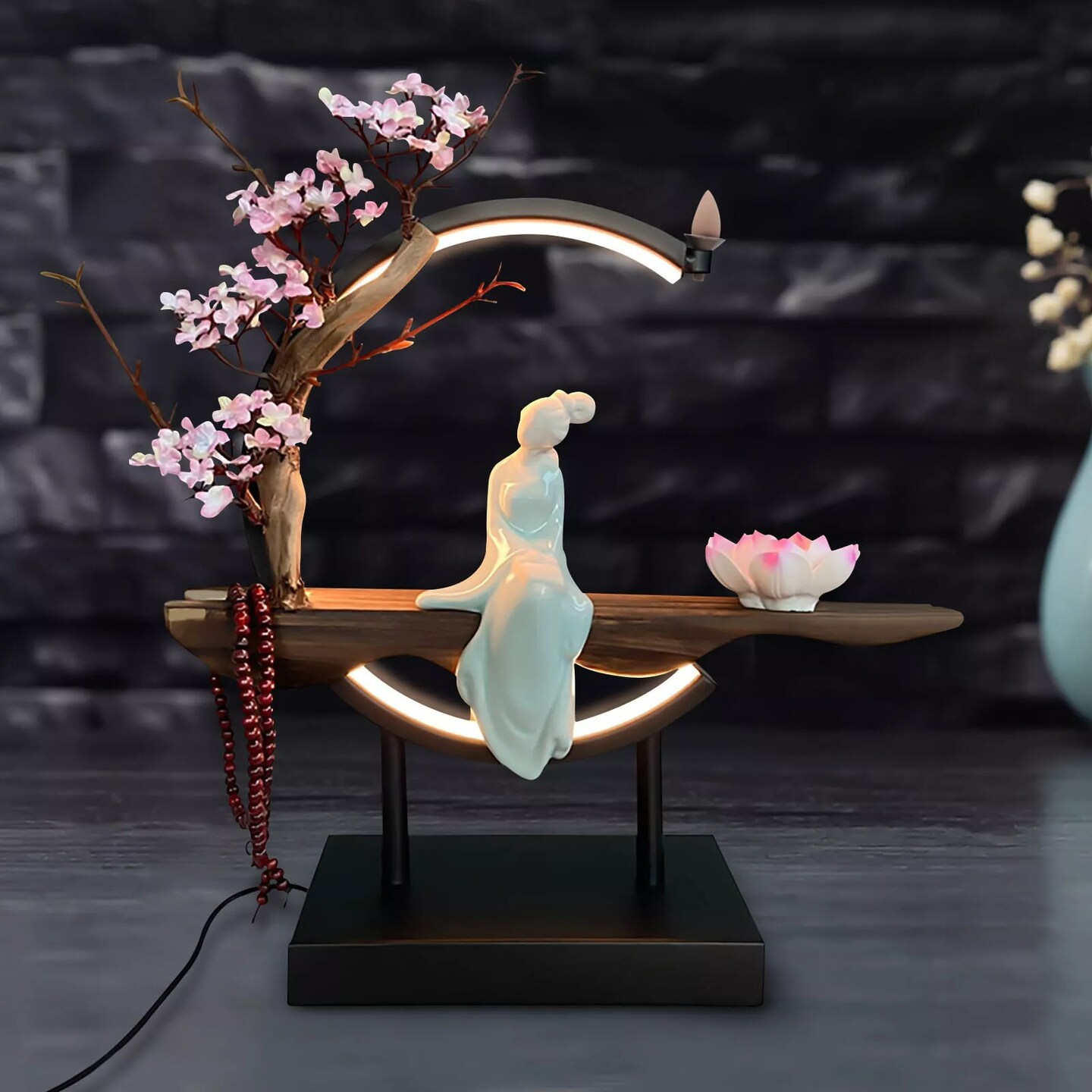 Ceramic Backflow Incense Cone Sticks Burner Holder LED Light For Home Decor Gift