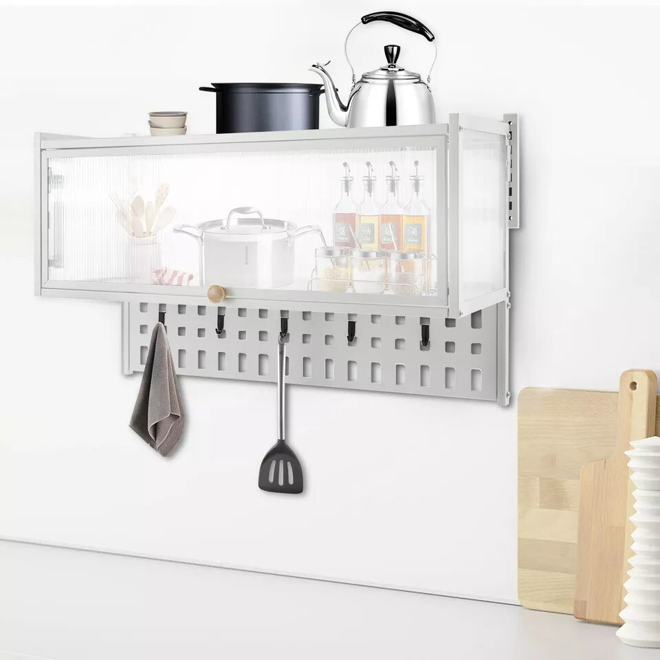 Wall Mount Storage Cabinet Kitchen Cookware Hanging Organizer Cupboard w/Hooks
