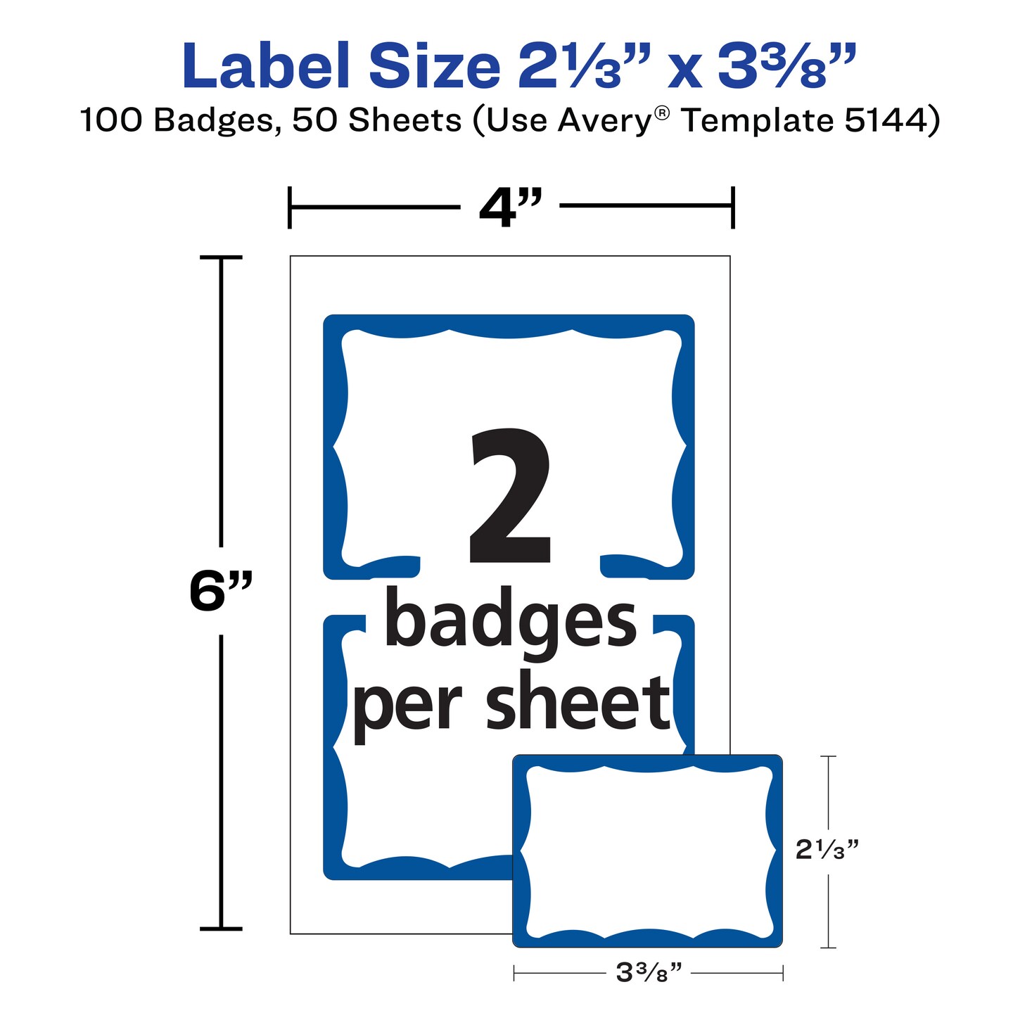 Avery Customizable Name Tags, 2-1/3&#x22; x 3-3/8&#x22;, White with Blue Border, 100 Removable Name Badges (05144) - 18 Pack