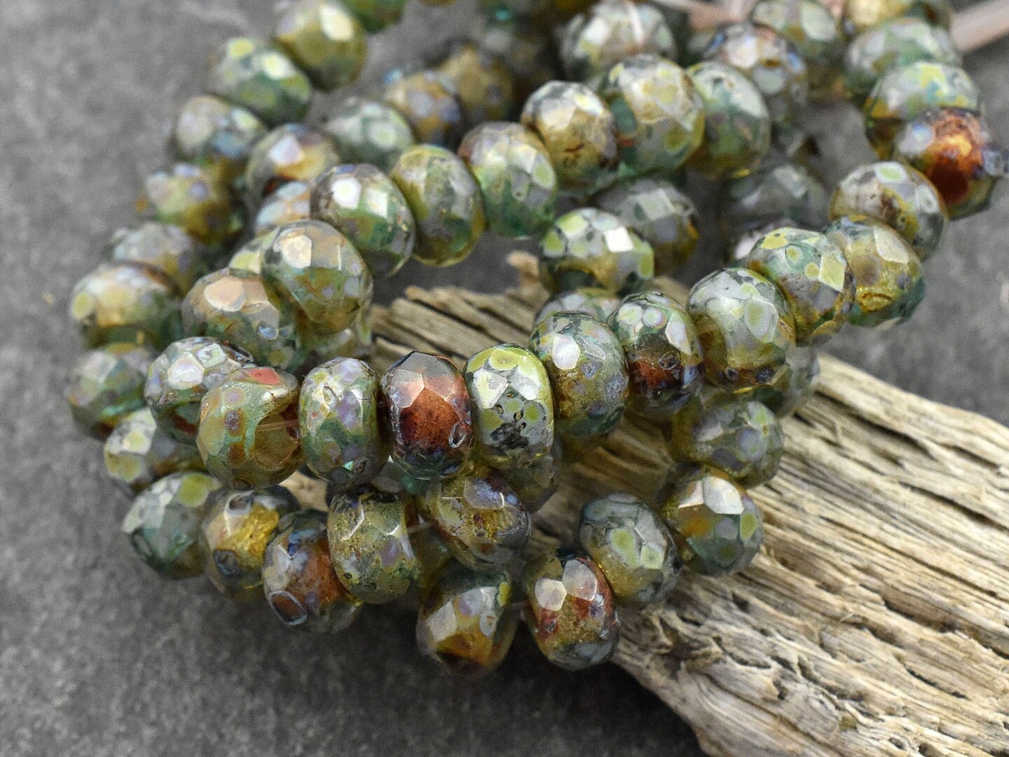 *25* 5x8mm Green Tea Topaz Picasso Roller Rondelle Beads