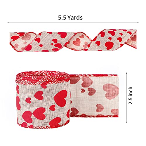 2.5" x 5.5 Yards Red Heart Printed Valentine's Day Burlap Ribbon Wired Edge Ribbon