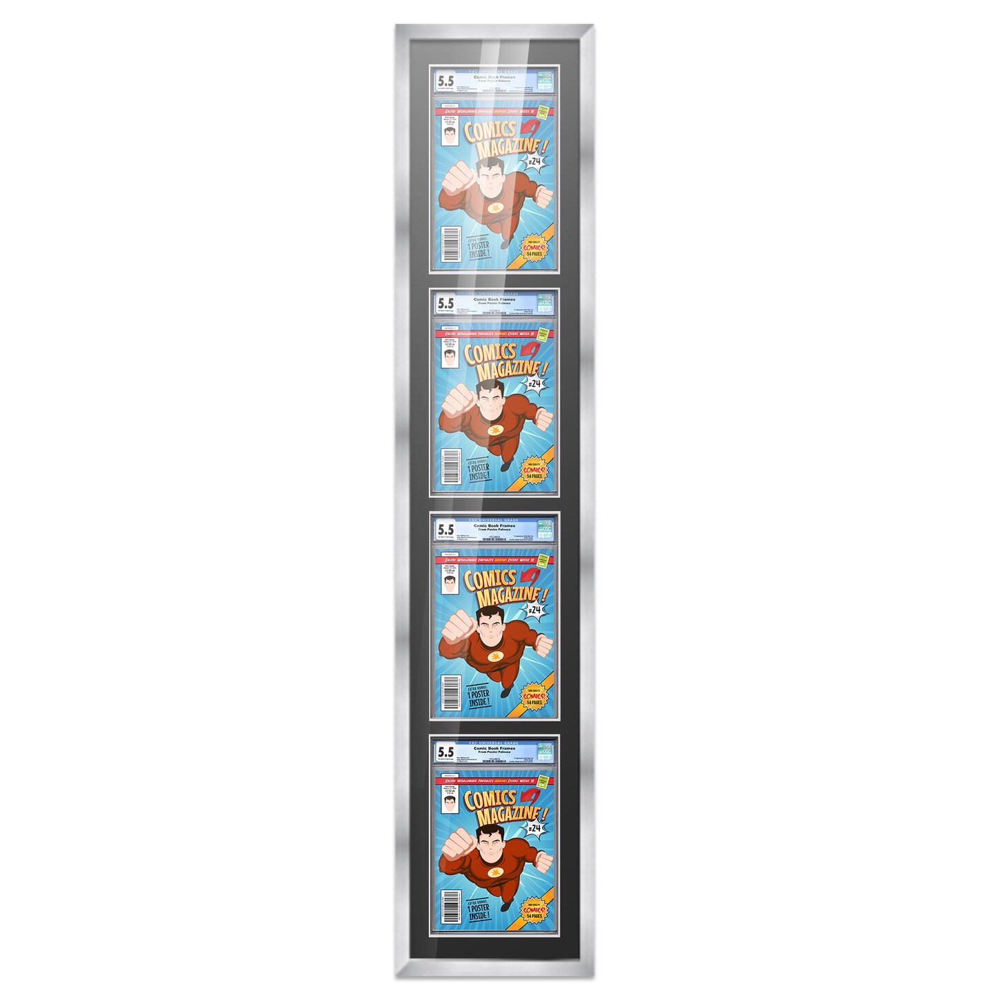 Comic Book Frame with Mat for 4 Graded Comics - Silver Wood Comic Frame With Black Mat for 8.125x13 Comics - 11.75x57 Frame Size