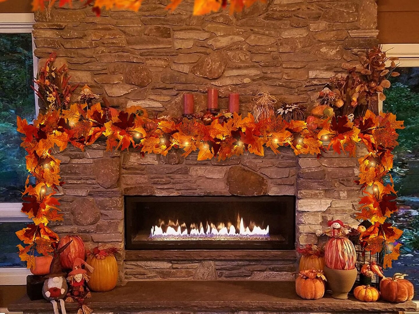 Thanksgiving Decor for Table,Artificial Maple Leaves Garlands with Lights, Autumn Wall Hanging Maple Leaf Decoration for Indoor Outdoor 1Pcs /Red