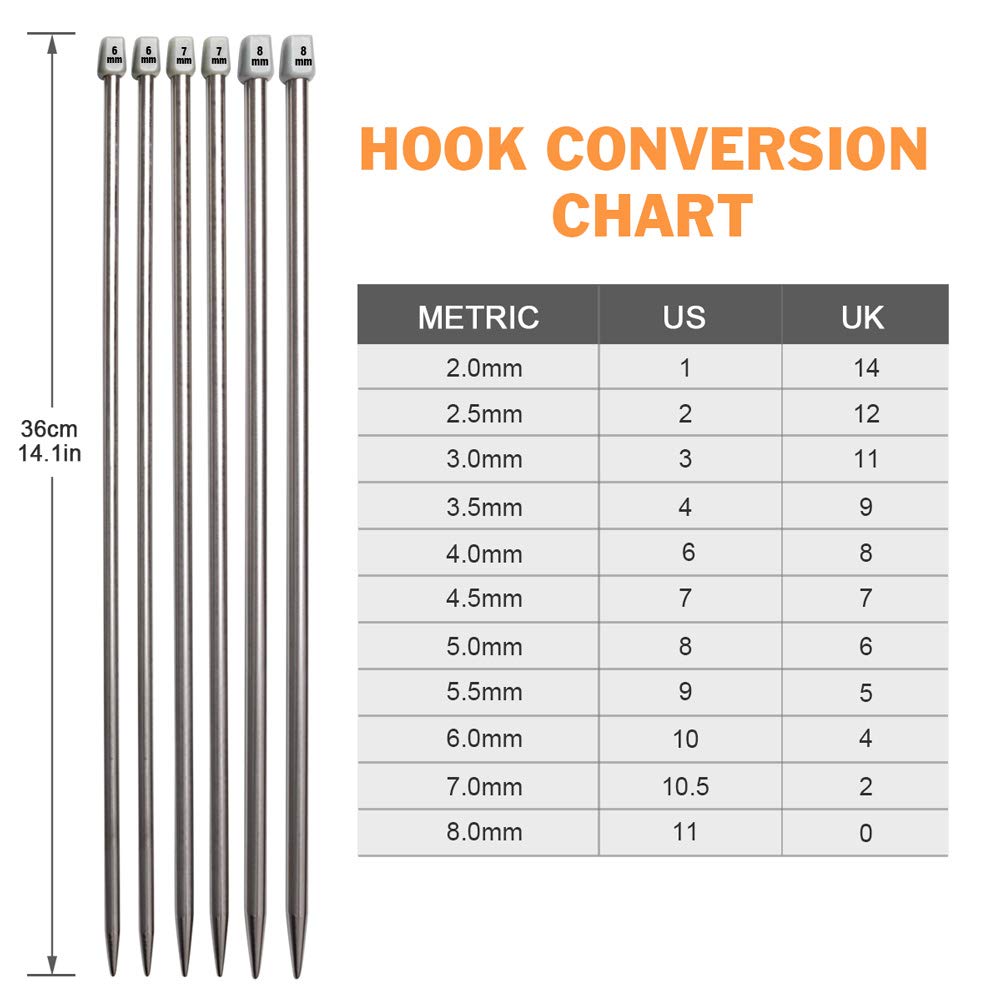 Knitting Needle Set, 22 Pieces 2mm(B)-8mm(L) Straight Single Pointed Stainless Steel Sweater Needles Set(11Pair-11 Size,9.8 inch) with Locking Stitch Makers Large-Eye Needles Measure Tape (36CM)