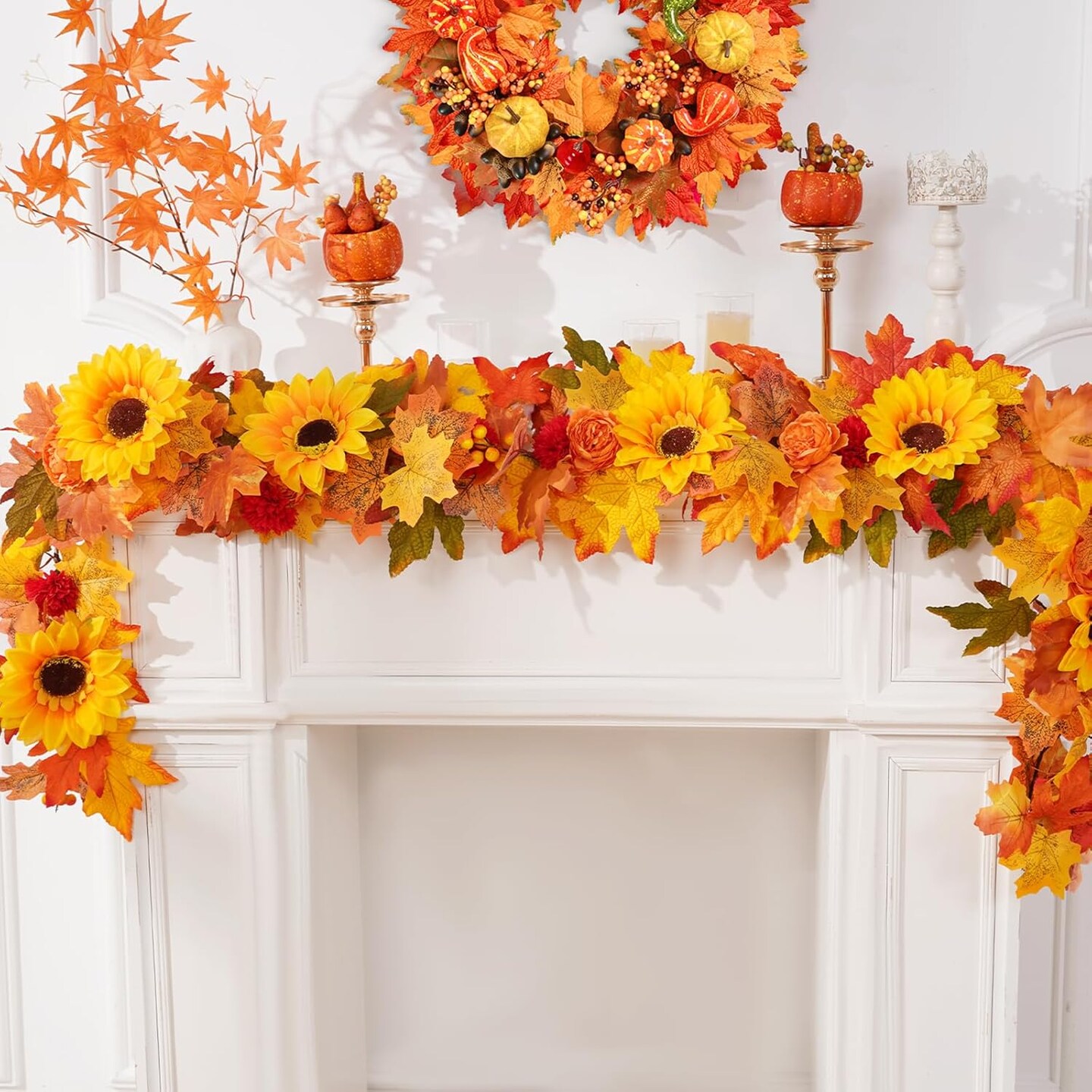 Garland for Mantle, Fall Garland with Lights Sunflower Maple Leaves Peony Marigold for Home Indoor Outdoor Decor