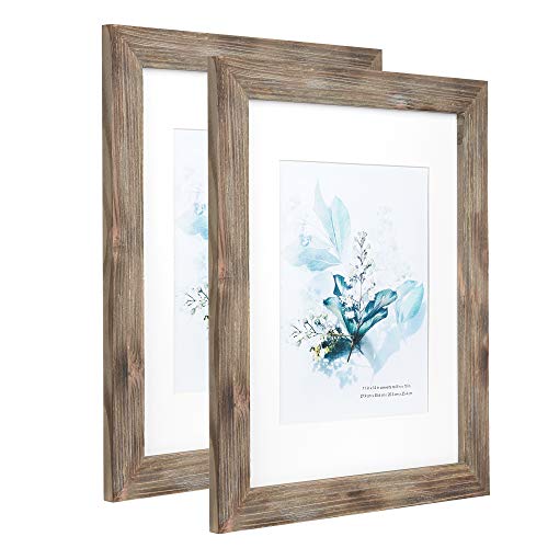 100% Solid Wood Brown 11x14 Picture Frame 2 Pack Display Picture 8x10 with Mat, HD Glass Inside, Rustic Wooden Photo Frames for Wall Mounting