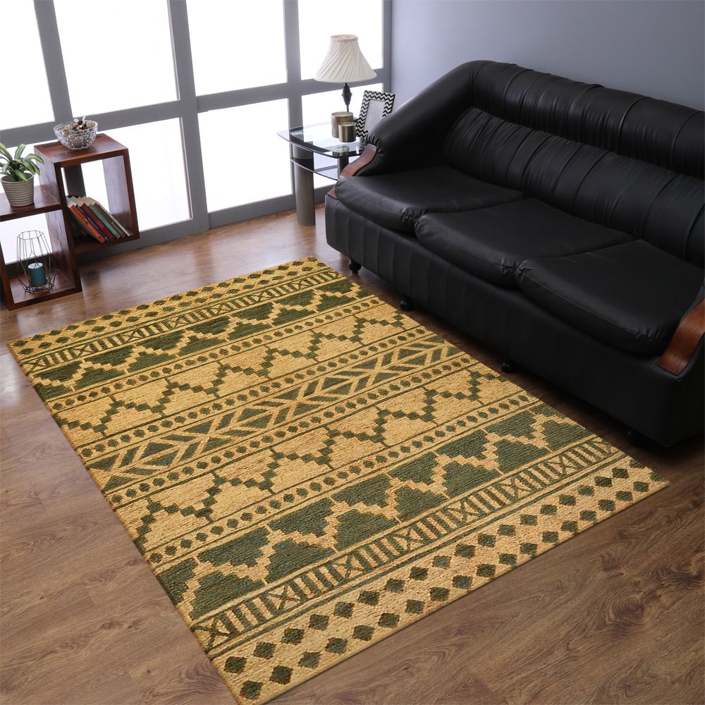 Rugsotic Hand Knotted Jute Area Rug Green Beige Oriental 5X7 J00021 Eco-Friendly