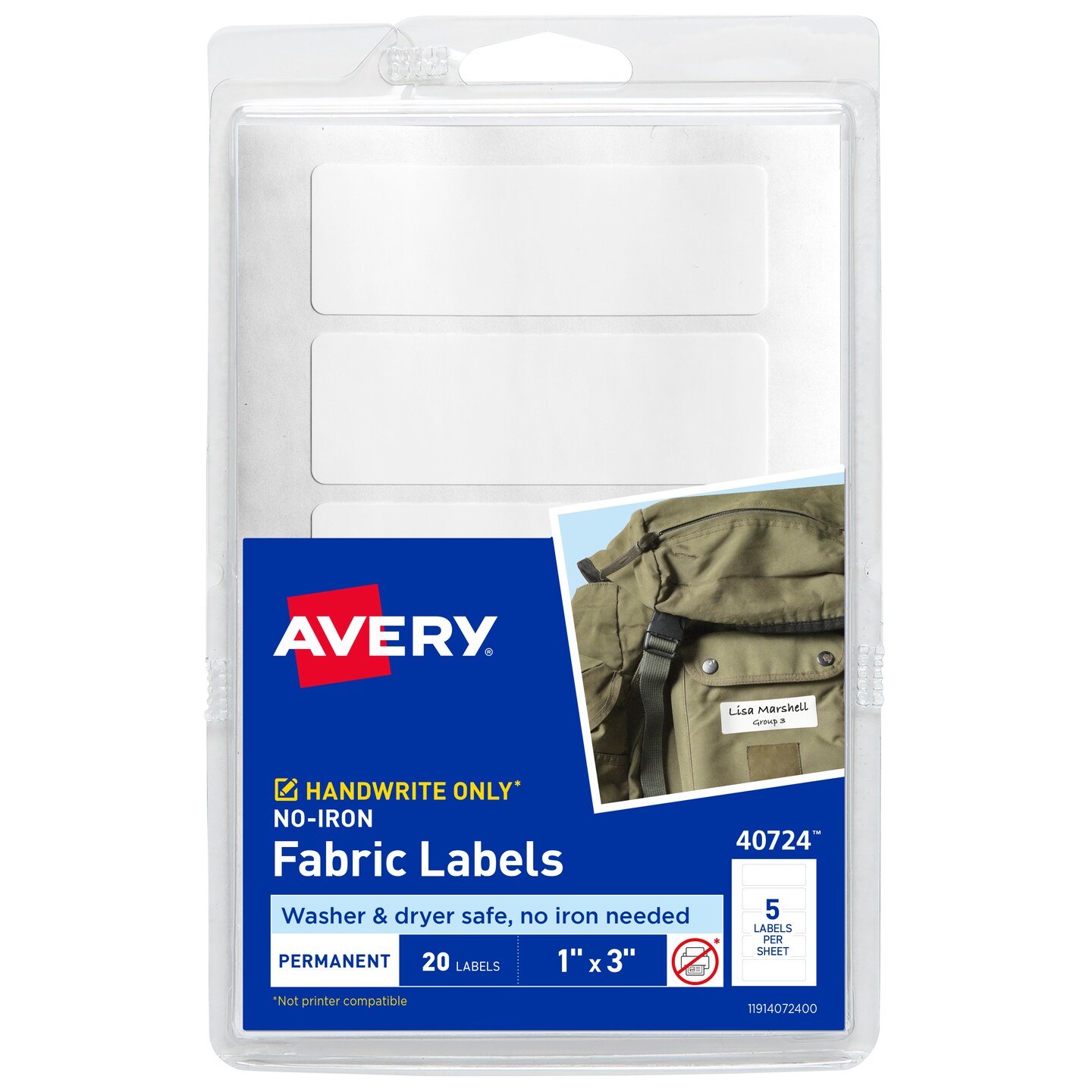 Avery No-Iron Fabric Labels, 1&#x22; x 3&#x22;, Washer and Dryer-Safe Waterproof Labels, Non-Printable, 20 Blank Labels Total (40724)