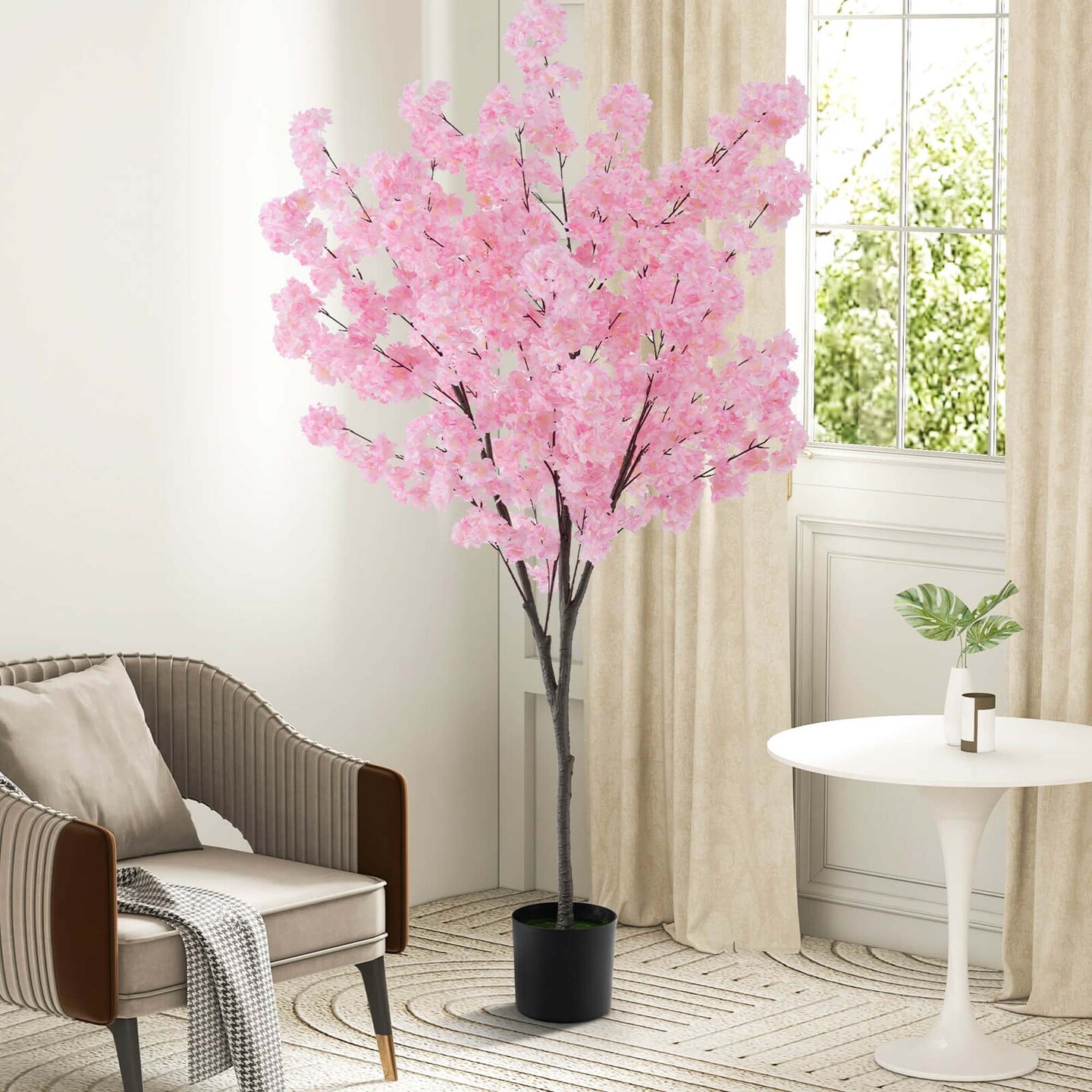 Costway 6.5 FT 1/2 PCS Tall Artificial Cherry Blossom Tree with 900 Pink Flowers Cement-filled