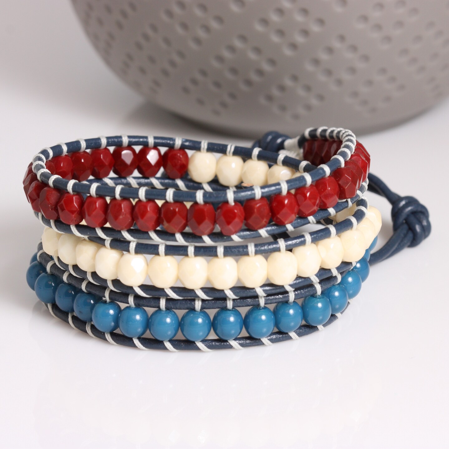 Red White and Blue Beaded Bracelet with Navy Leather Cord 