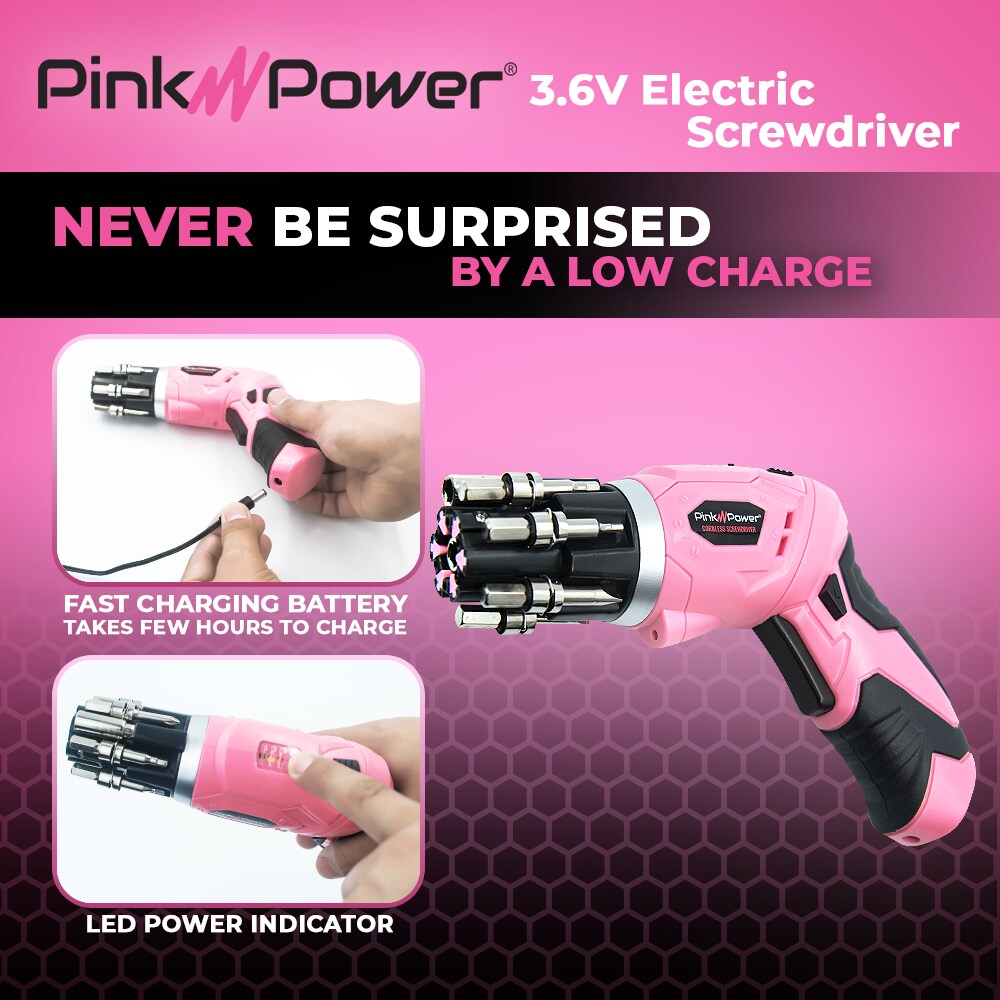 Pink Power 3.6V Lithium-Ion Cordless Screwdriver Kit with Bubble Level