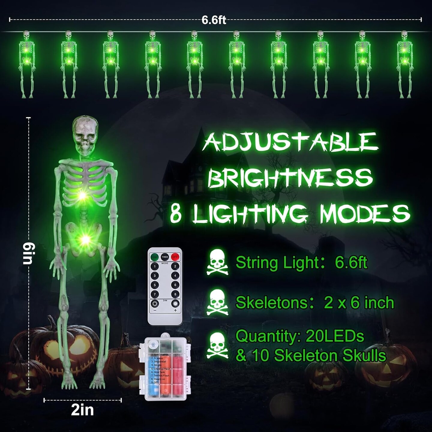 Halloween String Lights Decoration, 6.6 FT 20 Leds Battery Operated Skeleton Skull 3D String Light with 8 Lighting Modes for Home Indoor Outdoor Halloween Decoration, Halloween Decor