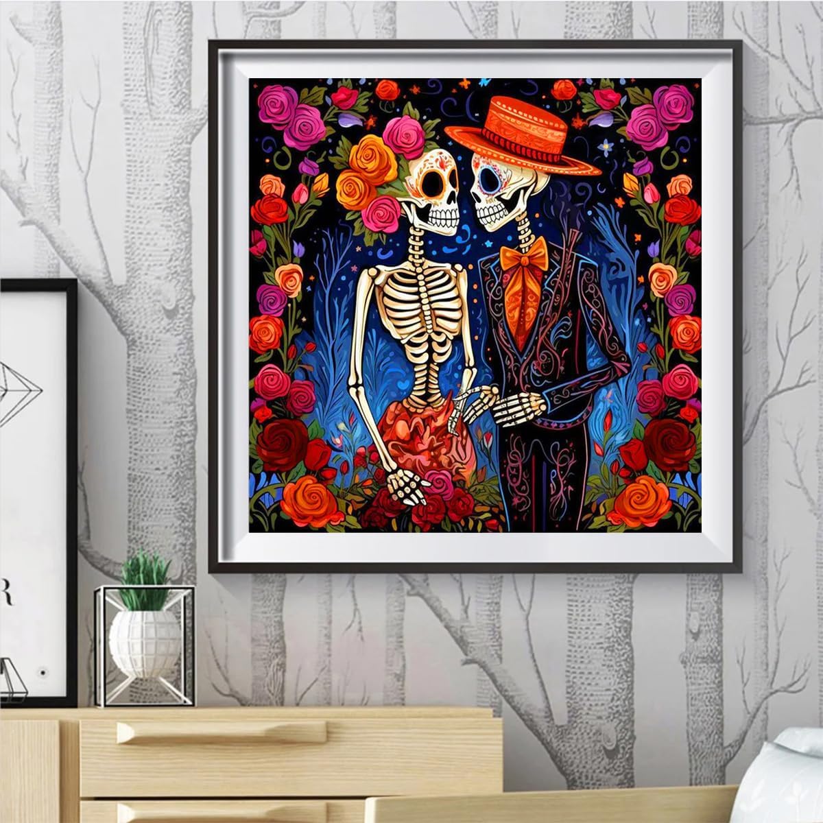 Halloween Diamond Painting Kits for Adults-Skeleton Love 5D Diamond Art Kits Roses Full Drill Diamond Paintings with Diamonds Gem Art and Crafts Home Decor 14x14inch