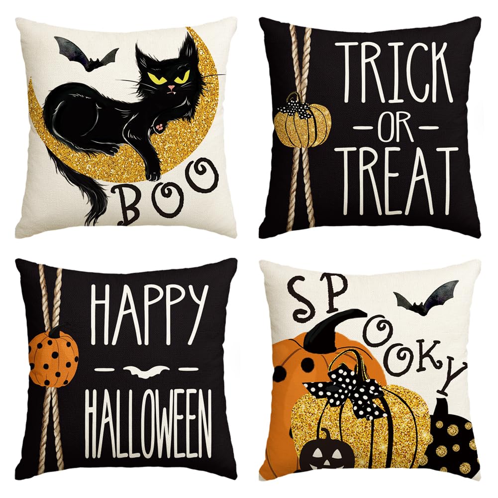4 Pieces  Happy Halloween Boo Black Cat Trick or Treat Throw Pillow Covers, 18 x 18 Inch Spooky Pumpkin Bat Cushion Case for Sofa Couch