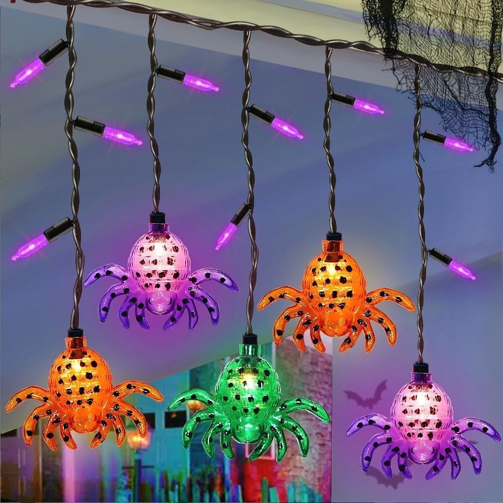 7FT Halloween Spider String Lights, 10 Plastic Spider Lights with 15 Mini Purple Light Bulbs, Decorative String Lights for Halloween Outdoor Indoor Party Patio Garden Decor