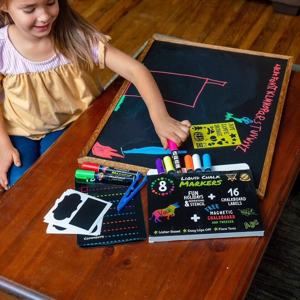 8 Multicolored Liquid Chalk Markers with Magnetic Blackboard, Stencils &#x26; Labels