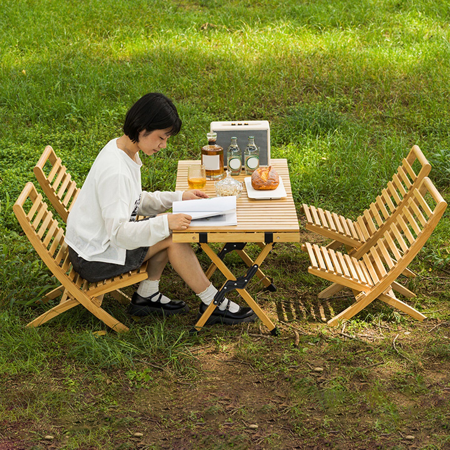Outdoor Folding Moon Chair Ergonomic Heavy Duty Bamboo Lightweight Portable Camping Picnic Backpacking Hiking Beach
