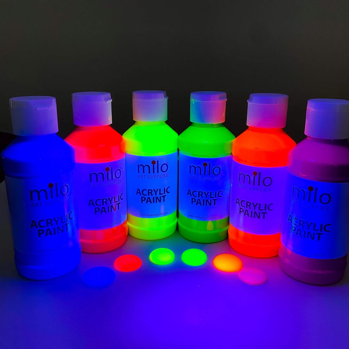 milo Fluorescent Acrylic Paint Set of 6 Colors | 8 oz Bottles | Student Neon Colors Acrylics Painting Pack | Glows UV in Black Light | Non-Toxic Art & Craft Paints for Artists, Kids, & Hobby Painters | Made in USA
