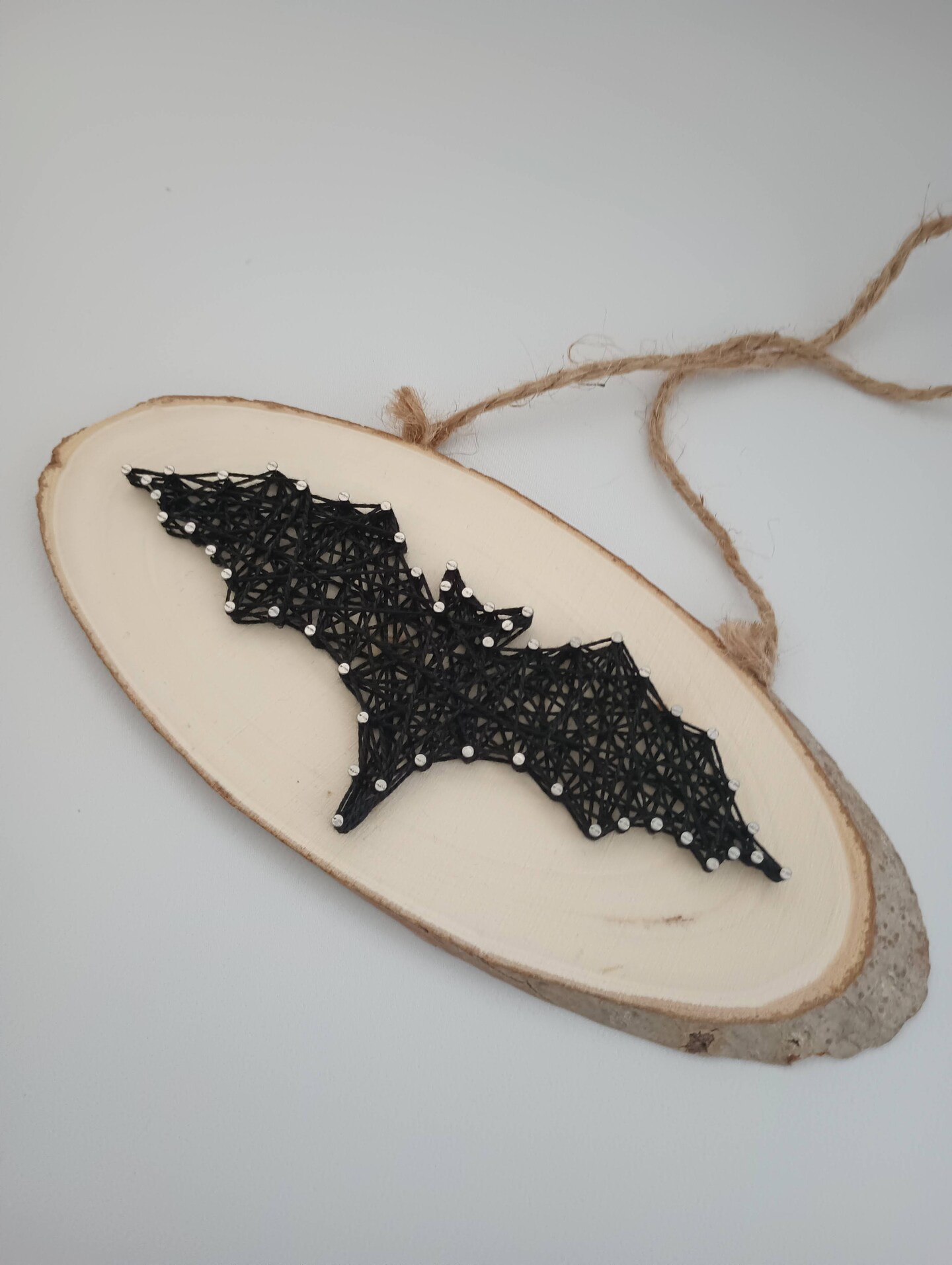 String Art Bat Hand Crafted on Oval Shaped 8.5 X 3.5 inch Live Edge Basswood. Ready to Hang Halloween Decoration for your Home or Office