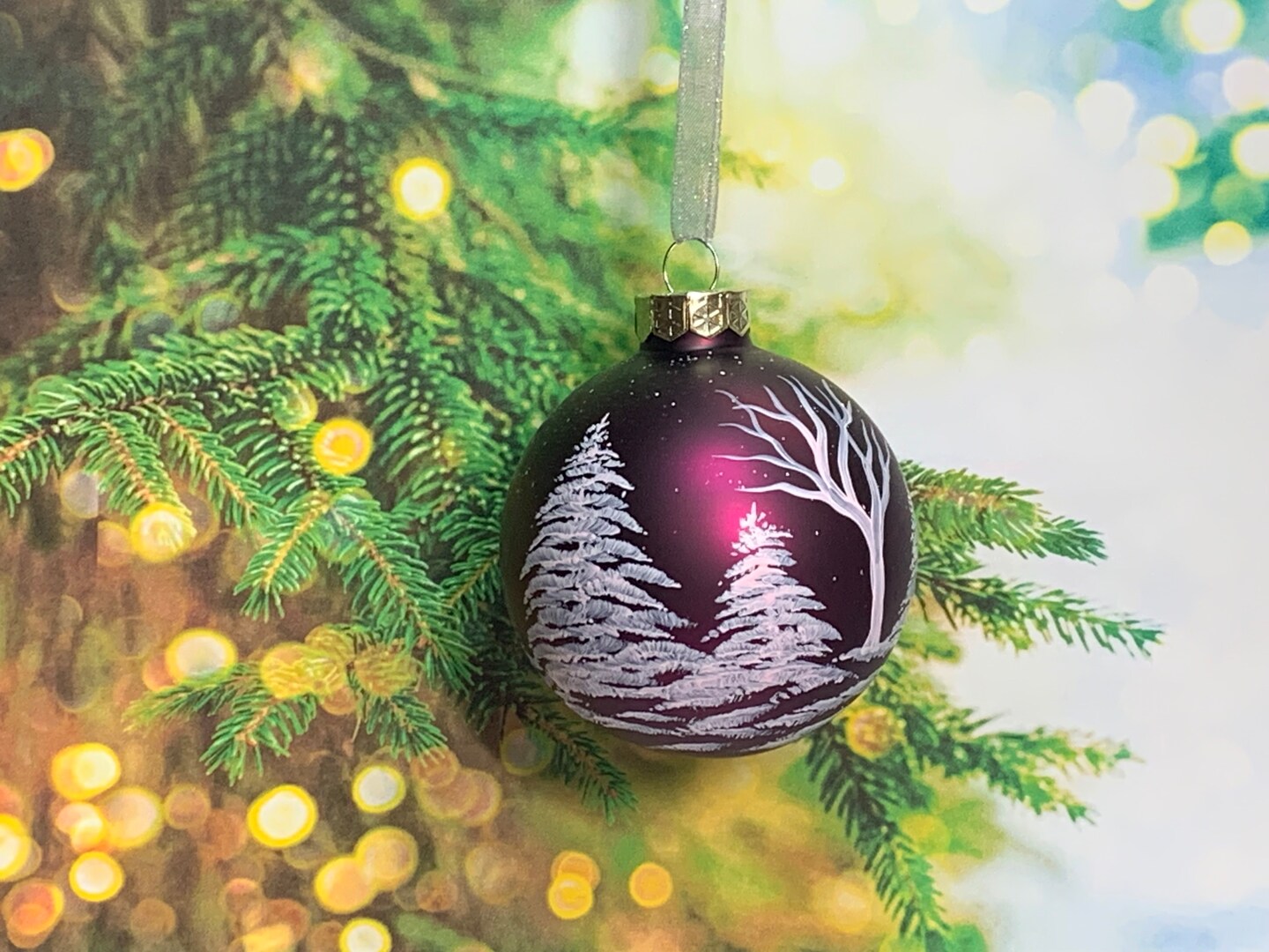Snow covered trees painted on plum matte glass ornaments, glass Christmas  keepsake ornaments, gift box optional | MakerPlace by Michaels, image size:1080x810