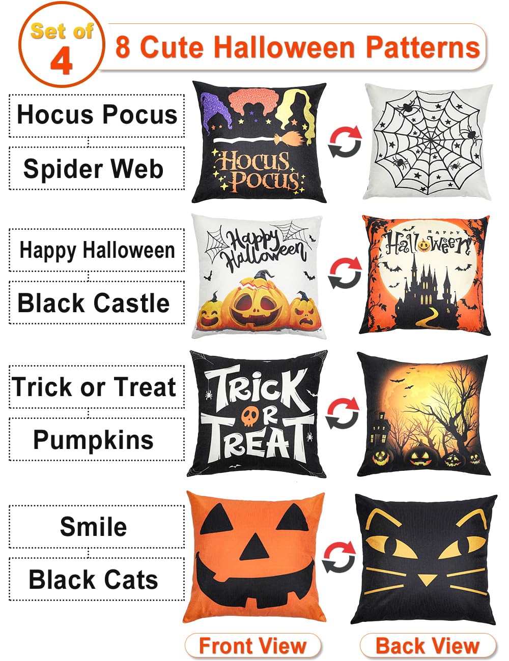 4 Pieces Halloween Decorations  Double-Sided Print Pillow Covers 18&#x22; x 18&#x22;, with 8 Cute Halloween Decor Patterns, Elegant Invisible Zipper, Soft Linen Throw Pillow Covers for Outdoor &#x26; Indoor Use