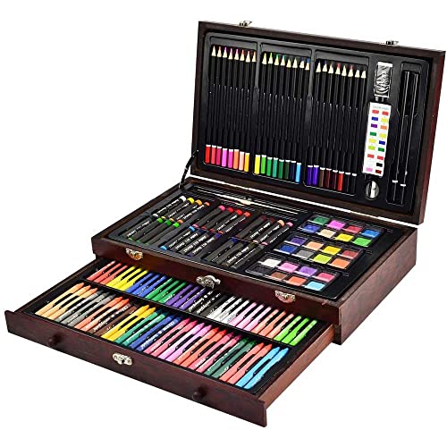 145 Piece Deluxe Art Set, Wooden Box &#x26; Drawing Kit with Crayons, Oil Pastels, Colored Pencils, Watercolor Cakes, Sketch Pencils, Paint Brush, Sharpener, Eraser, Color Chart (Cherry)
