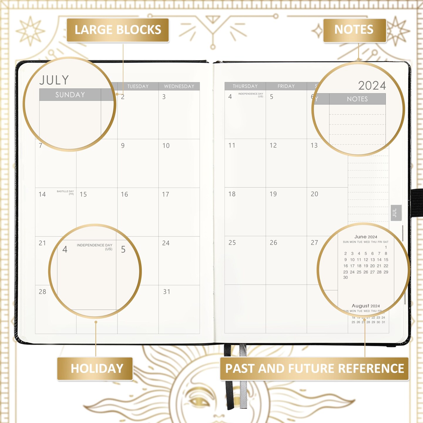 Weekly Monthly Planner 2024, January 2024 - December 2024, 5.75&#x22; x 8.25&#x22;, Faux Leather Planner 2024, Back Pocket with 40 Notes Pages - The Sun