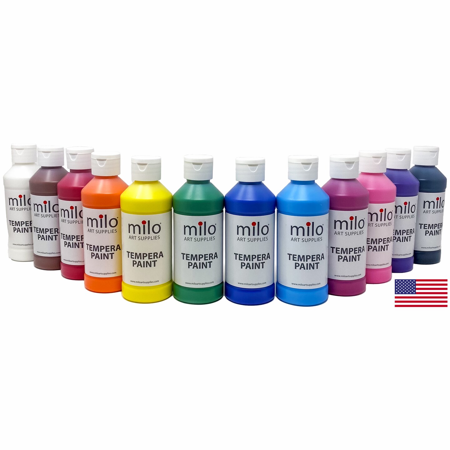 milo Tempera Paint Set of 12 Colors | 8 oz Bottles | Made in the USA | Washable and Non-Toxic Art &#x26; Craft Poster Primary Paints for Artists, Kids, &#x26; Hobby Painters
