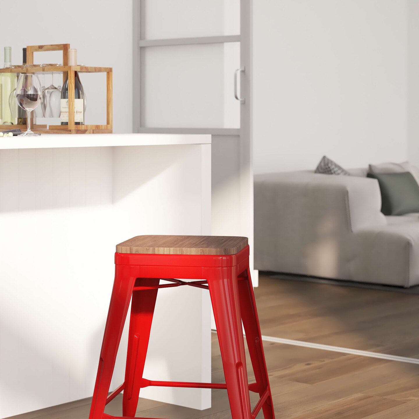 Merrick Lane Dalton Series Backless Metal Dining Stool with Wooden Seat for Indoor Use