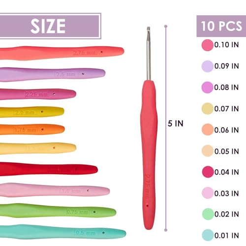 10 Pieces Knitting Needles Crochet Hook - Multicolor Ergonomic Crochet Hooks Set - Rubber Handled Aluminum Crochet Hooks - Small Crochet Hooks Knitting Kit for Beginners Crochet Kit for Crocheting Yarn
