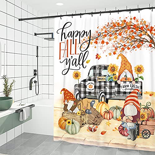 Fall Shower Curtain for Bathroom, Autumn Pumpkins Waterproof Bath Curtains, Gnomes Buffalo Plaid Truck Maple Leaves Farmhouse Decor Fabric Seasonal Shower Curtains with Hooks, 72"x72"