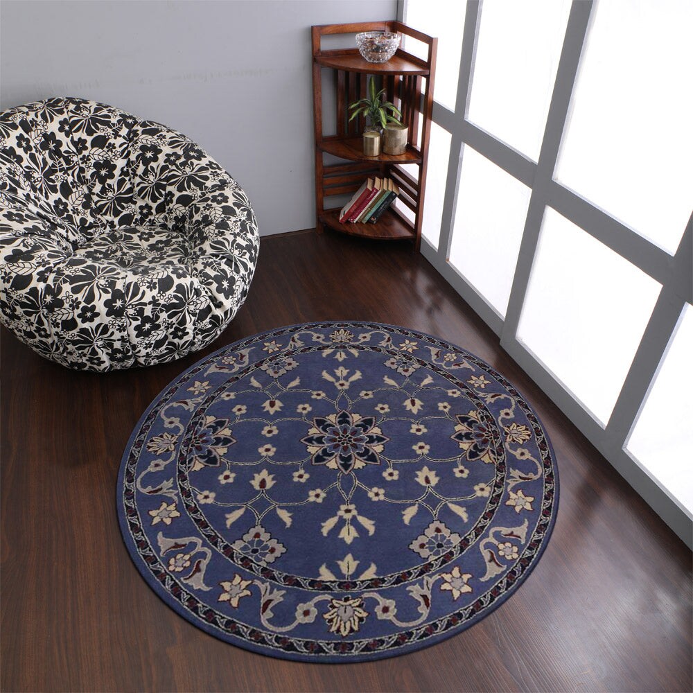 Hand Tufted Wool Round Area Rug Blue K00630 Eco-Friendly High Pile Design