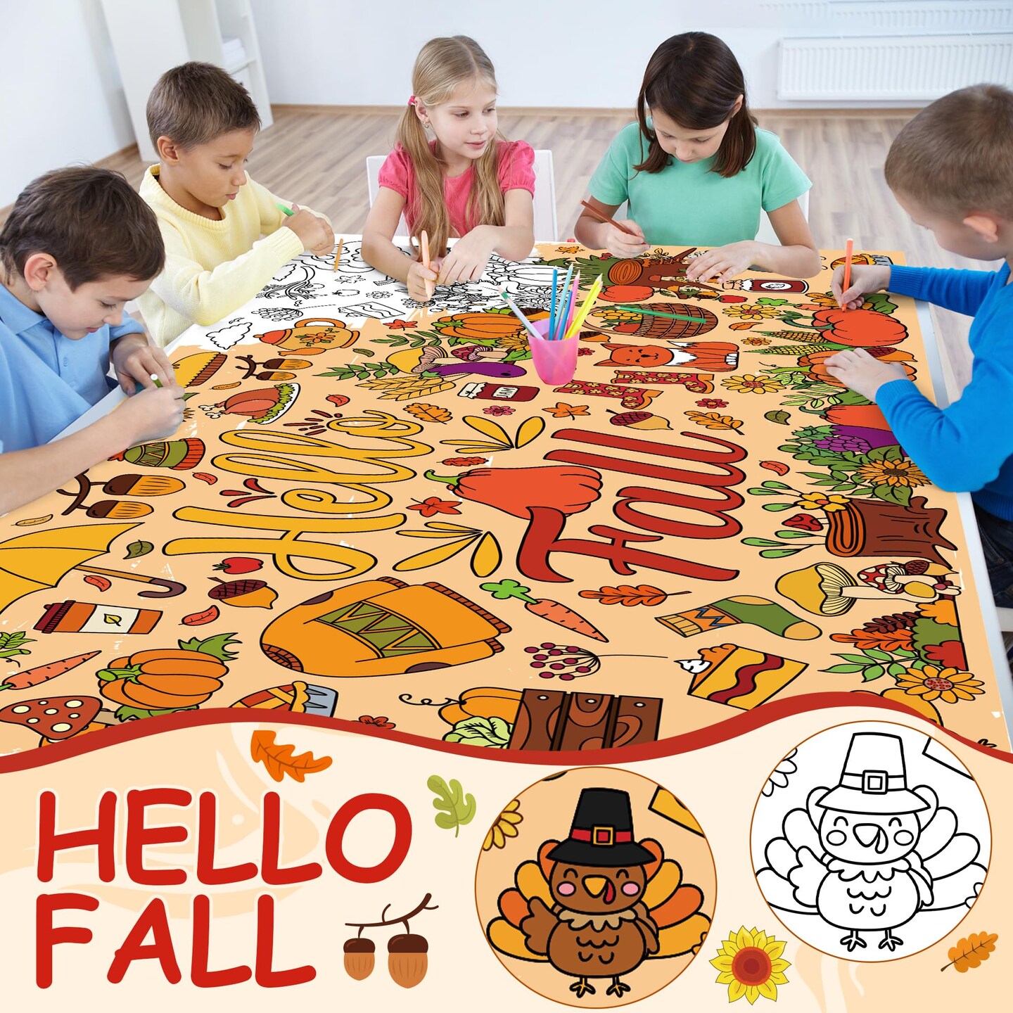 Fall Giant Coloring Poster/Tablecloth - Fall Decorations for Home - 30 x 72 Inches Jumbo Coloring Banner Kids Crafts Activities Decor Party Decorations