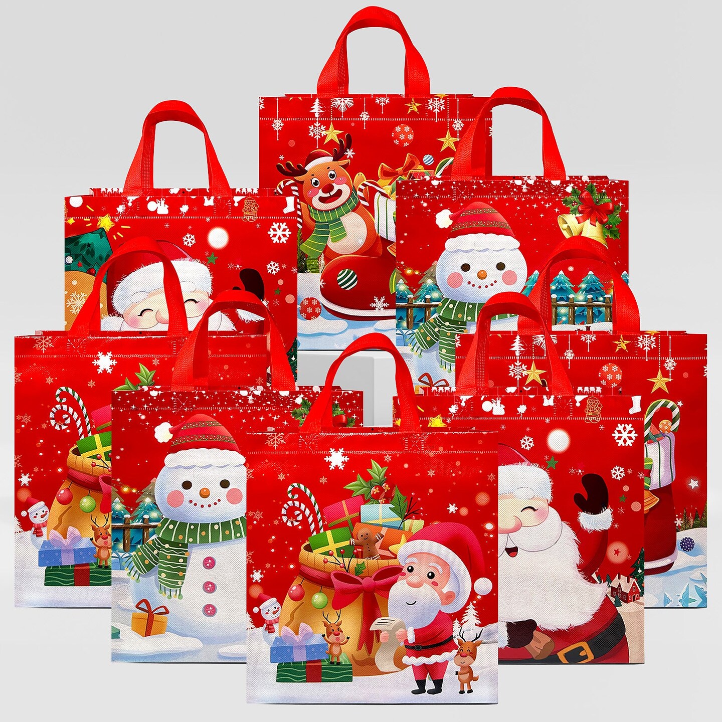 Wrapables Non-Woven Reusable Cheerful Christmas Gift Bags with Handles for Gift Wrap, Parties, Favors and Treats (Set of 8), Santa and Snowman